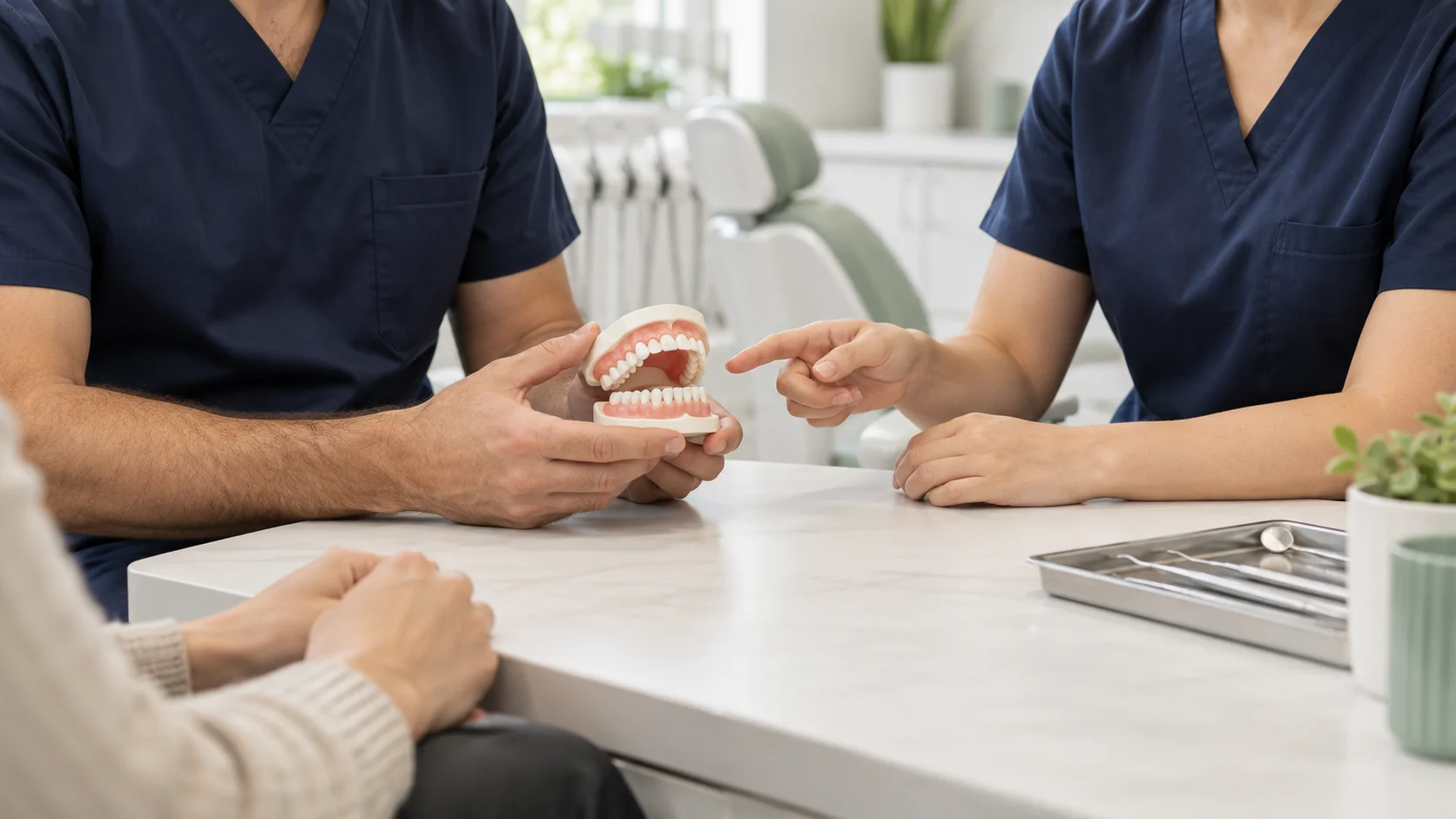 Illustratives Foto eines Zahnarztes und einer Zahnärztin im Gespräch mit einer Patientin